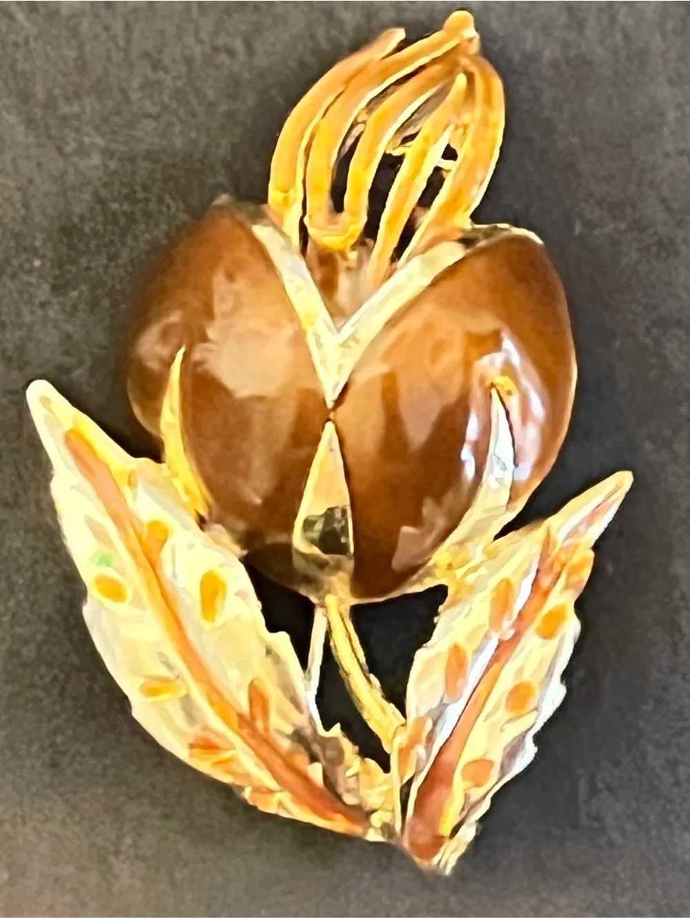Vtg Signed LISNER Brown Thermoset Plastic Thistle Brooch Pin Mid Century 1950s
